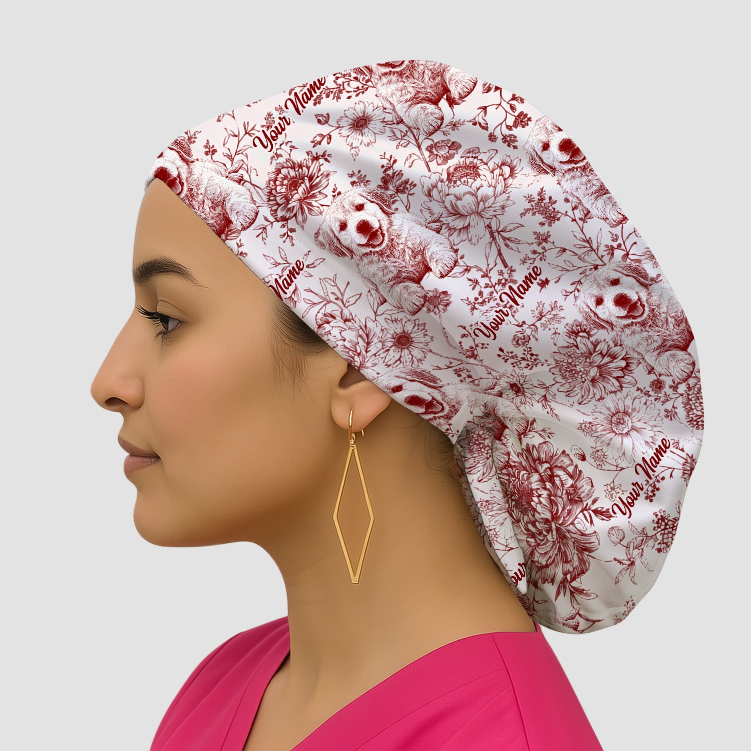 Personalized Custom Pet Photo Name Floral Pattern Scrub Cap, Surgical Caps for Doctors