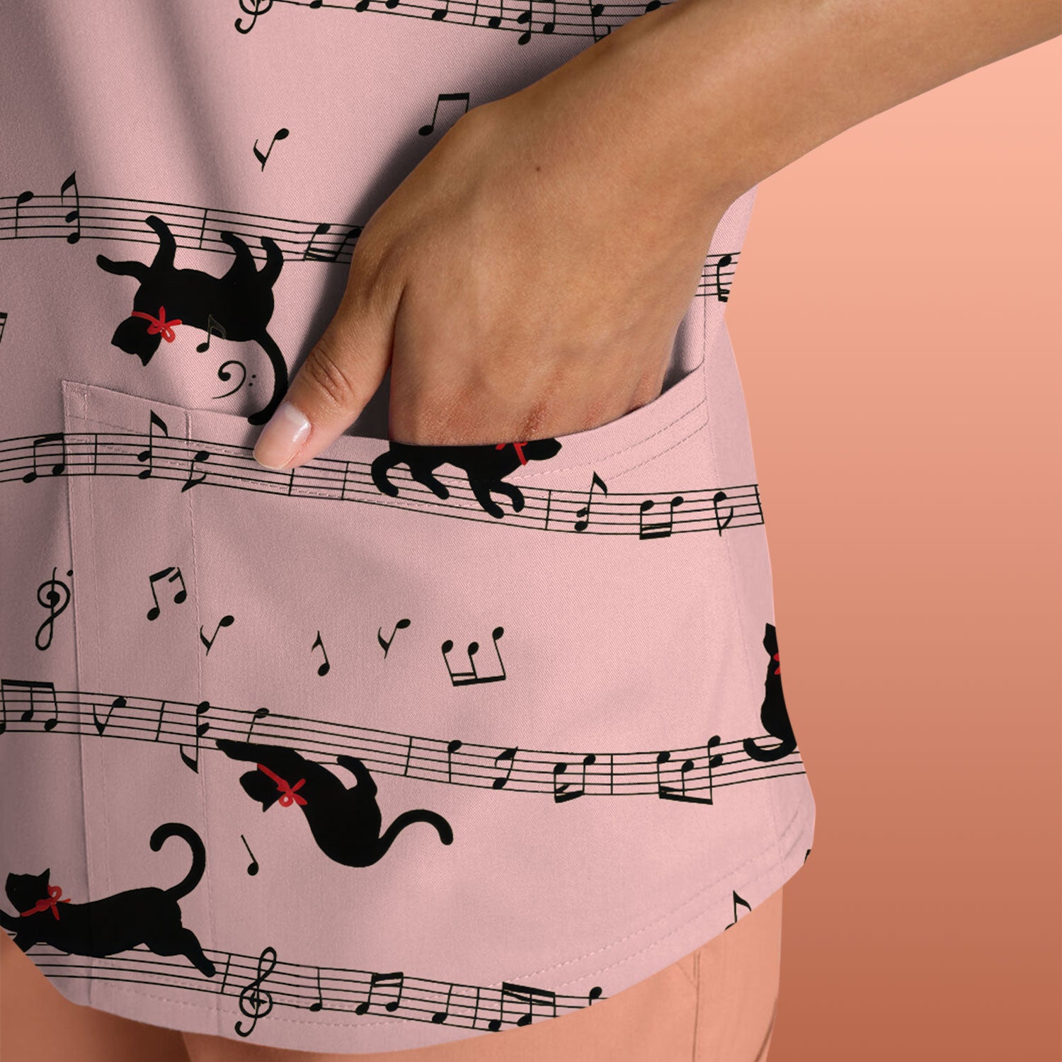 Cute Dancing Black Cat Music Staff Pattern Scrub Top, Comfortable Scrubs for Nurses