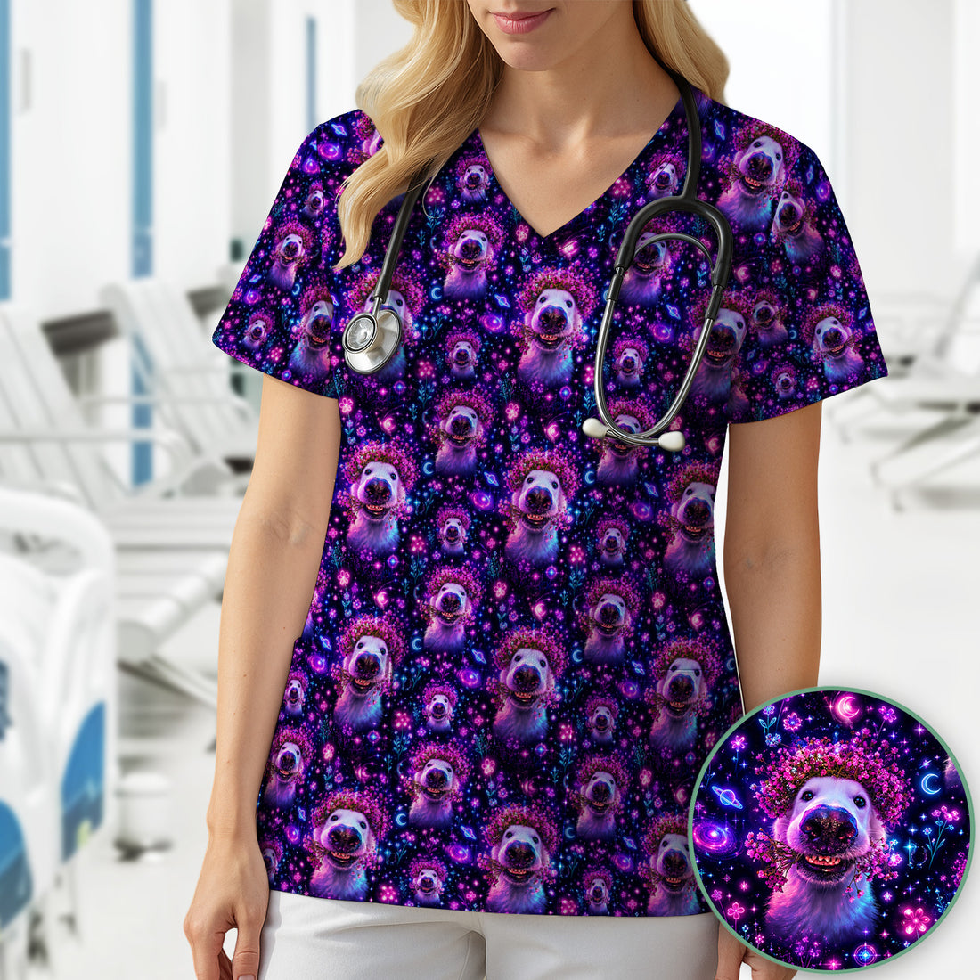 Galaxy Golden Retriever Nurse Scrub Top for RN, CNA, Veterinary Staff, Dog Lover Uniform