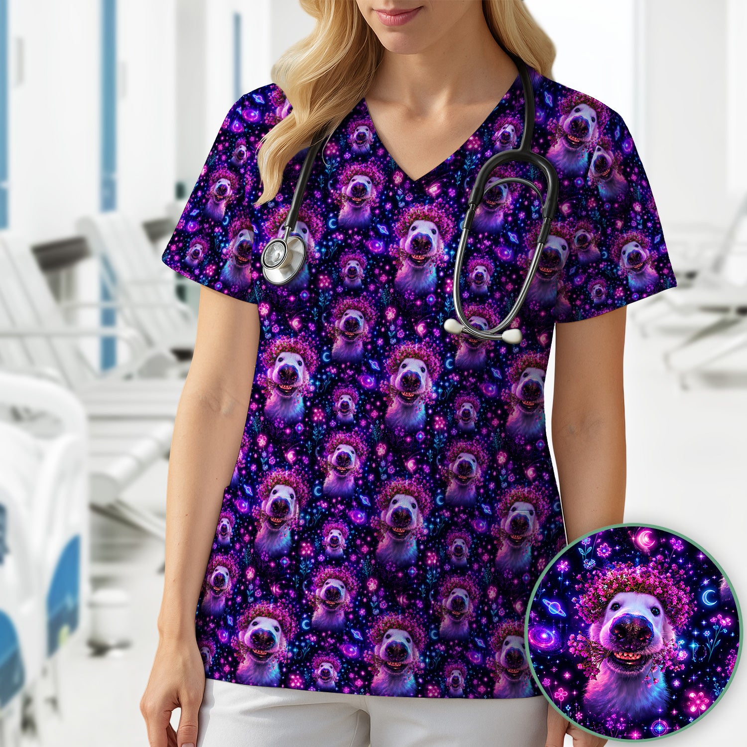 Galaxy Golden Retriever Nurse Scrub Top for RN, CNA, Veterinary Staff, Dog Lover Uniform