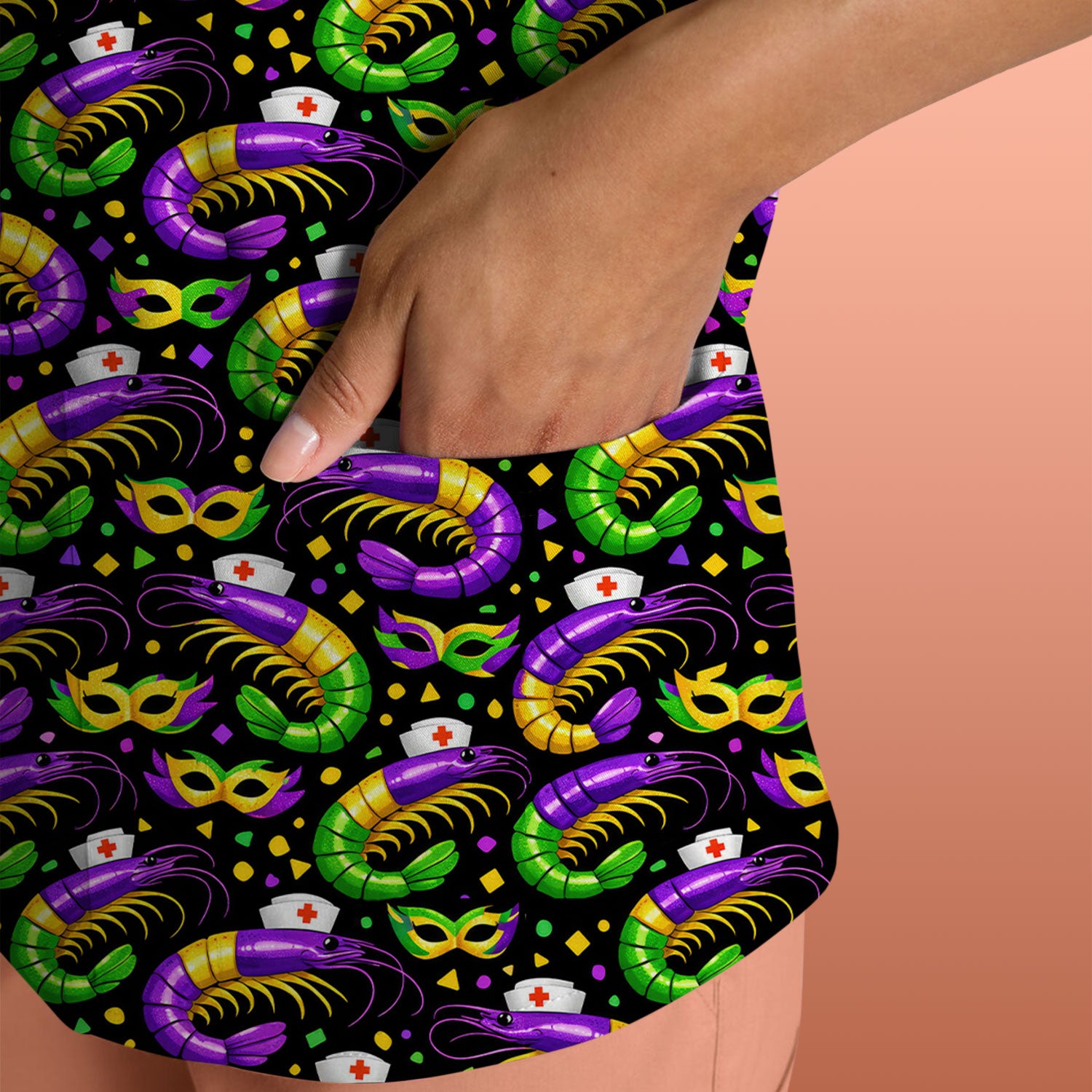 Mardi Gras Pattern Scrub Top, Crawfish Carnival Medical Nurse Scrub Shirt, Breathable Fabrics Nursing Uniform