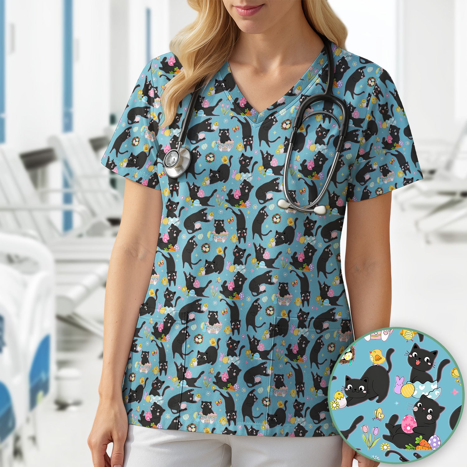 Playful Black Cat Easter Egg Pattern Scrub Top, Comfortable Scrubs for Nurses