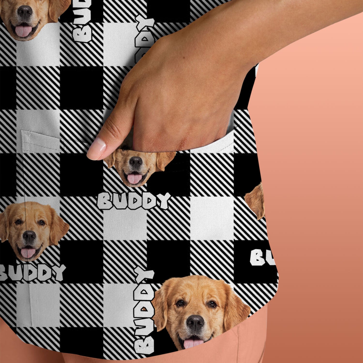 Custom Dog Face Scrub Top, Personalized Pet Photo Checkered Pattern Shirt, Custom Name Vet Tech Gift For Nursing