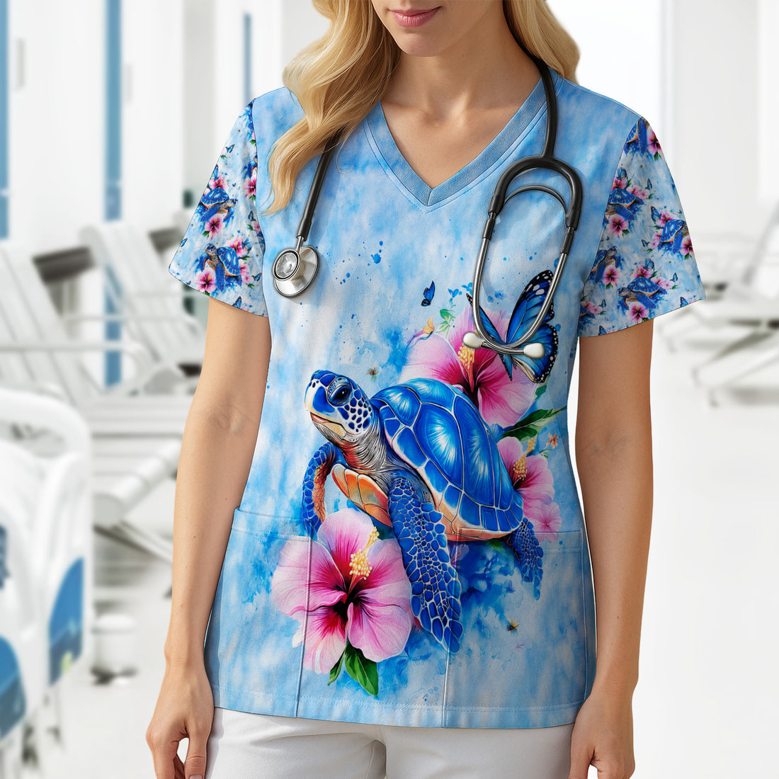 Blue Sea Turtle Hibiscus Butterfly Print Scrub Top, Comfortable Scrubs for Nurses