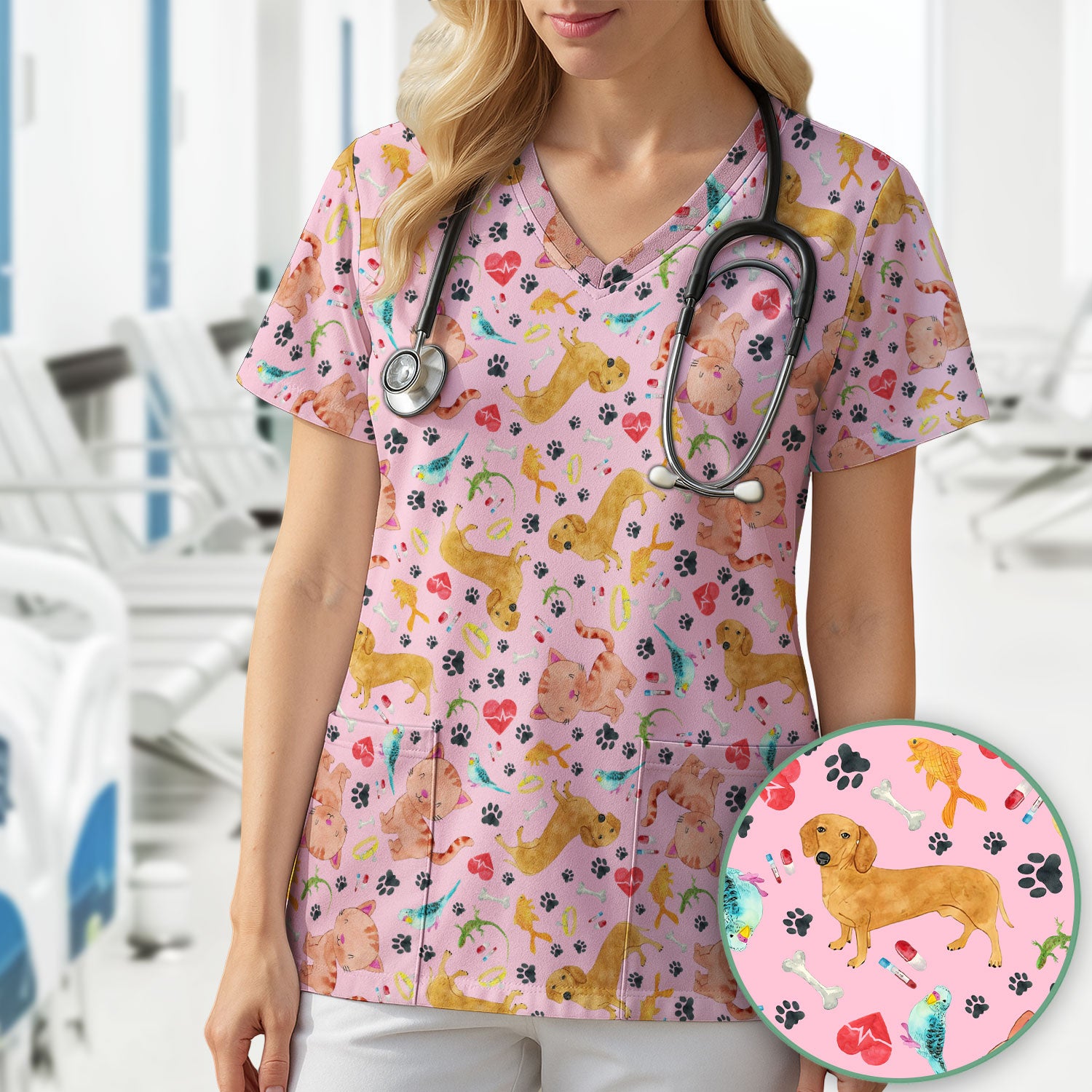 Cat Dog Veterinary Scrub Top - Cute Animal Paw Print Medical Shirt - Adorable Nurse Scrubs for Women RN CNA Vet Tech