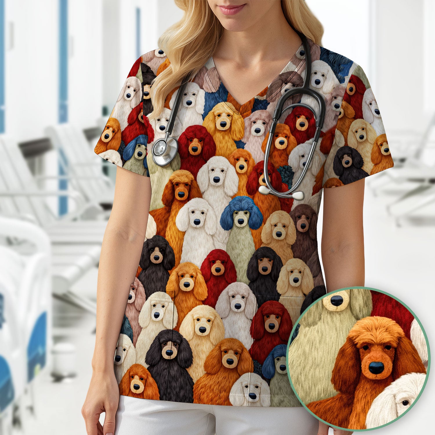 Multicolor Poodle Dog Pattern Scrub Top, Breathable Fabrics Nursing Uniform