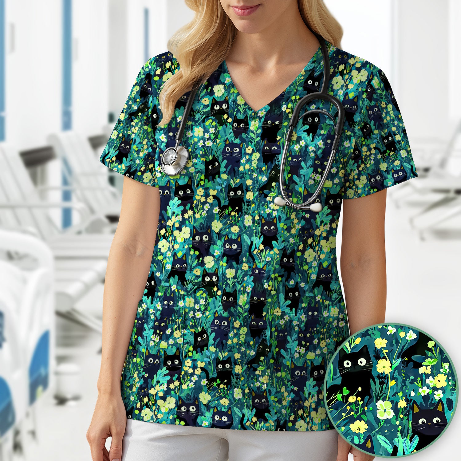 Black Cat Floral Pattern Scrub Top, Comfortable Scrubs for Nurses