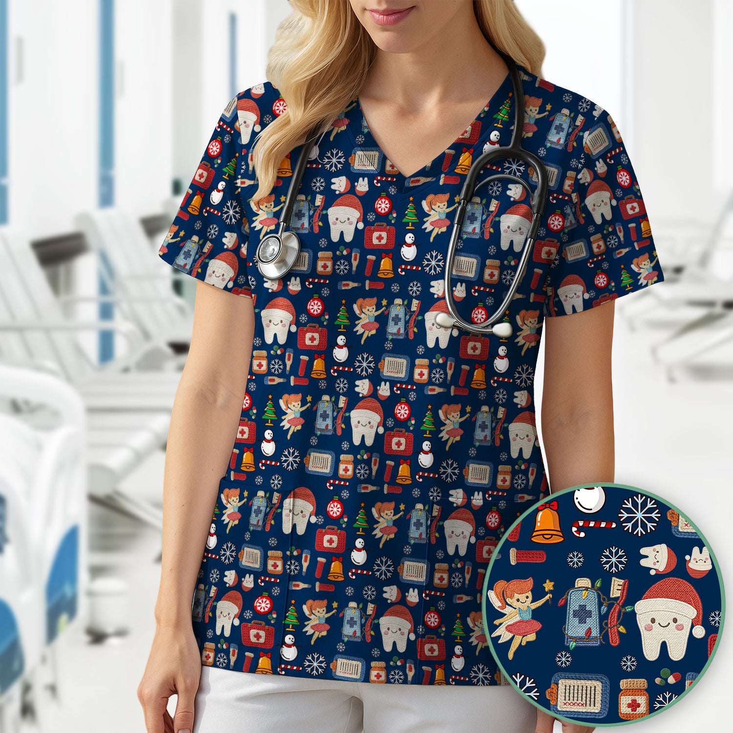 Christmas Dental Scrub Top - Cute Santa Tooth & Snowman Shirt - Festive Holiday Medical Uniform for Dentists, Hygienists & Nurses