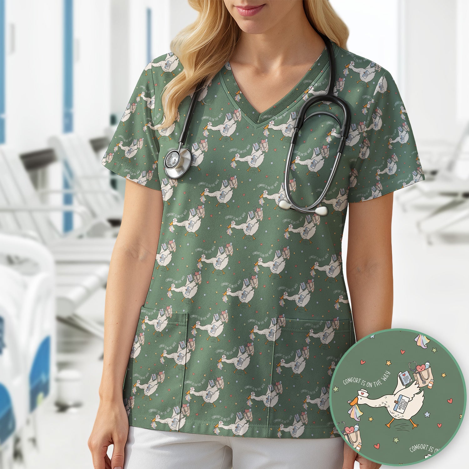 Cute Comfort Is On The Way Goose Scrub Top, Comfortable Scrubs for Nurses