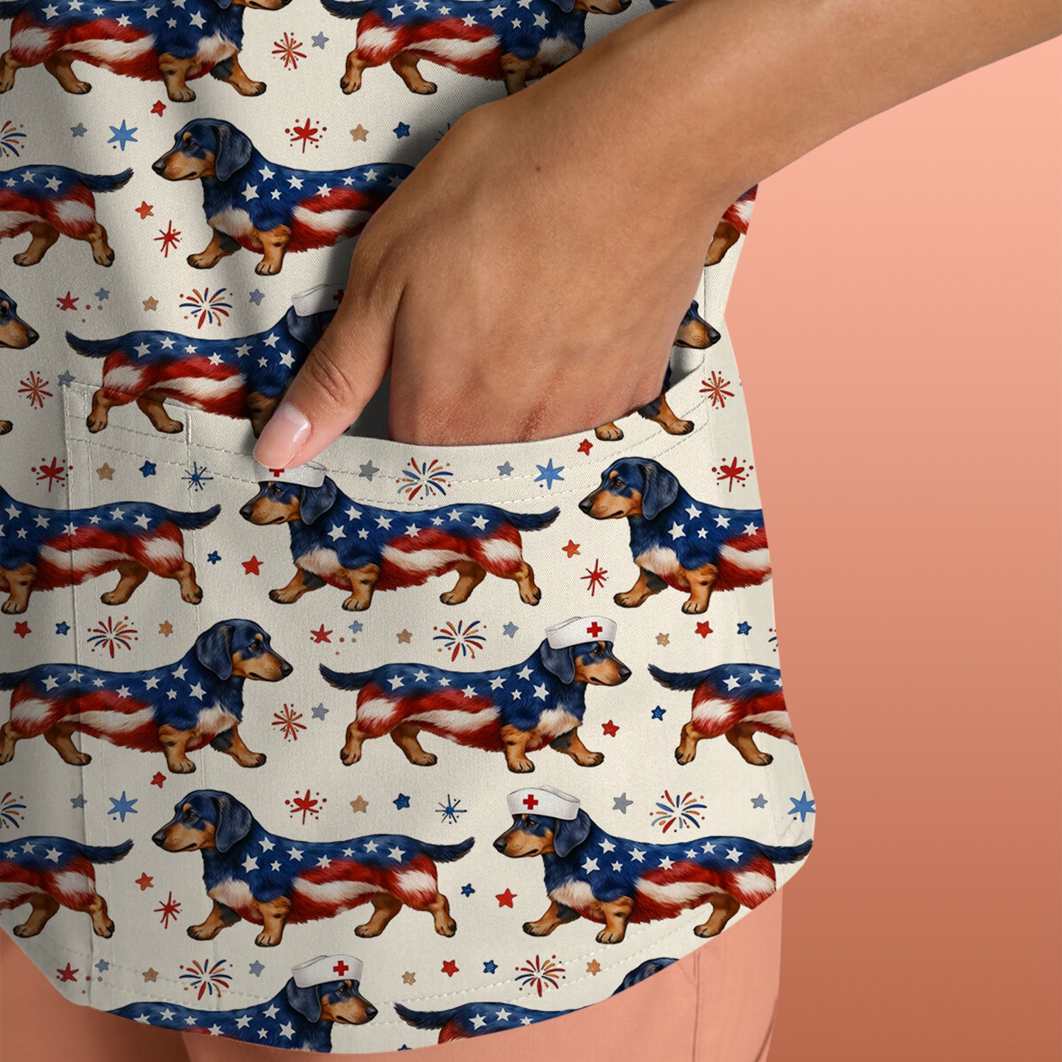 Patriotic Dachshund Dog American Flag Pattern Nurse Scrub Top, Breathable Fabrics Nursing Uniform