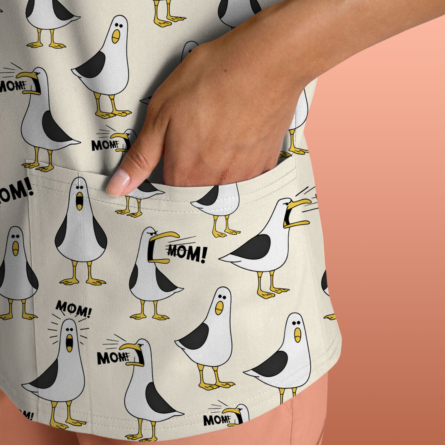 Funny Seagull Mom Seamless Pattern Scrub Top, Comfortable Scrubs for Nurses