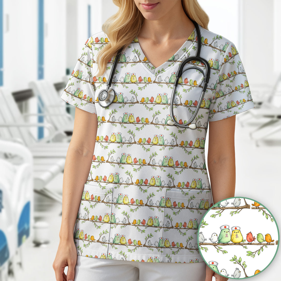 Cute Nurse Birds On Branches Scrub Top, Comfortable Scrubs for Nurses