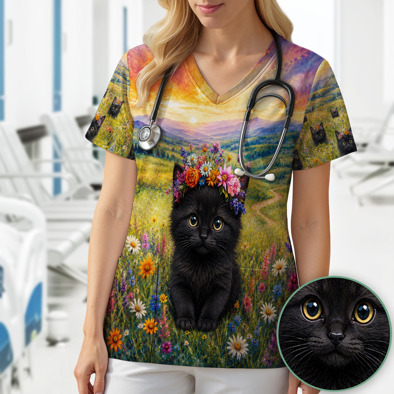Black Kitten Flower Meadow Nurse Scrub Top for RN, CNA, Veterinary Staff, Cat Lover Uniform