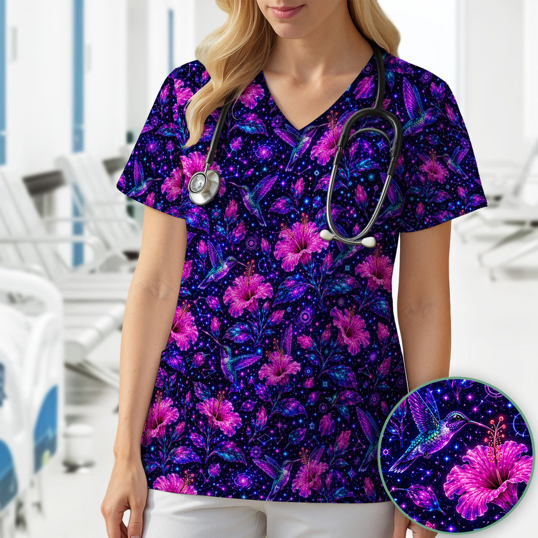 Galaxy Floral Hummingbird Nurse Pattern Scrub Top, Comfortable Scrubs for Nurses