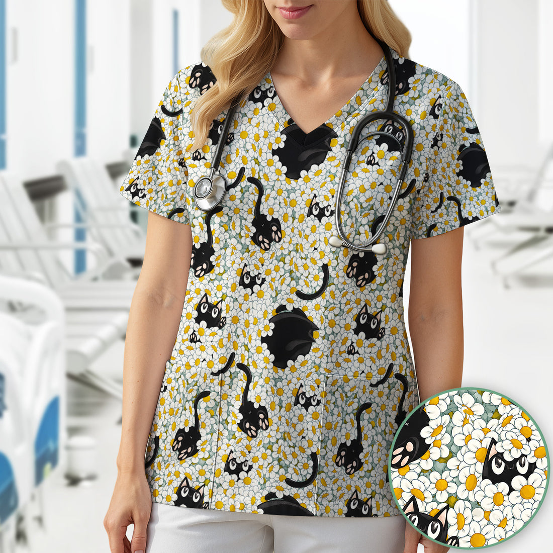 Daisy Black Cat Nurse Scrub Top for RN, CNA, Veterinary Staff, Cat Lover Uniform