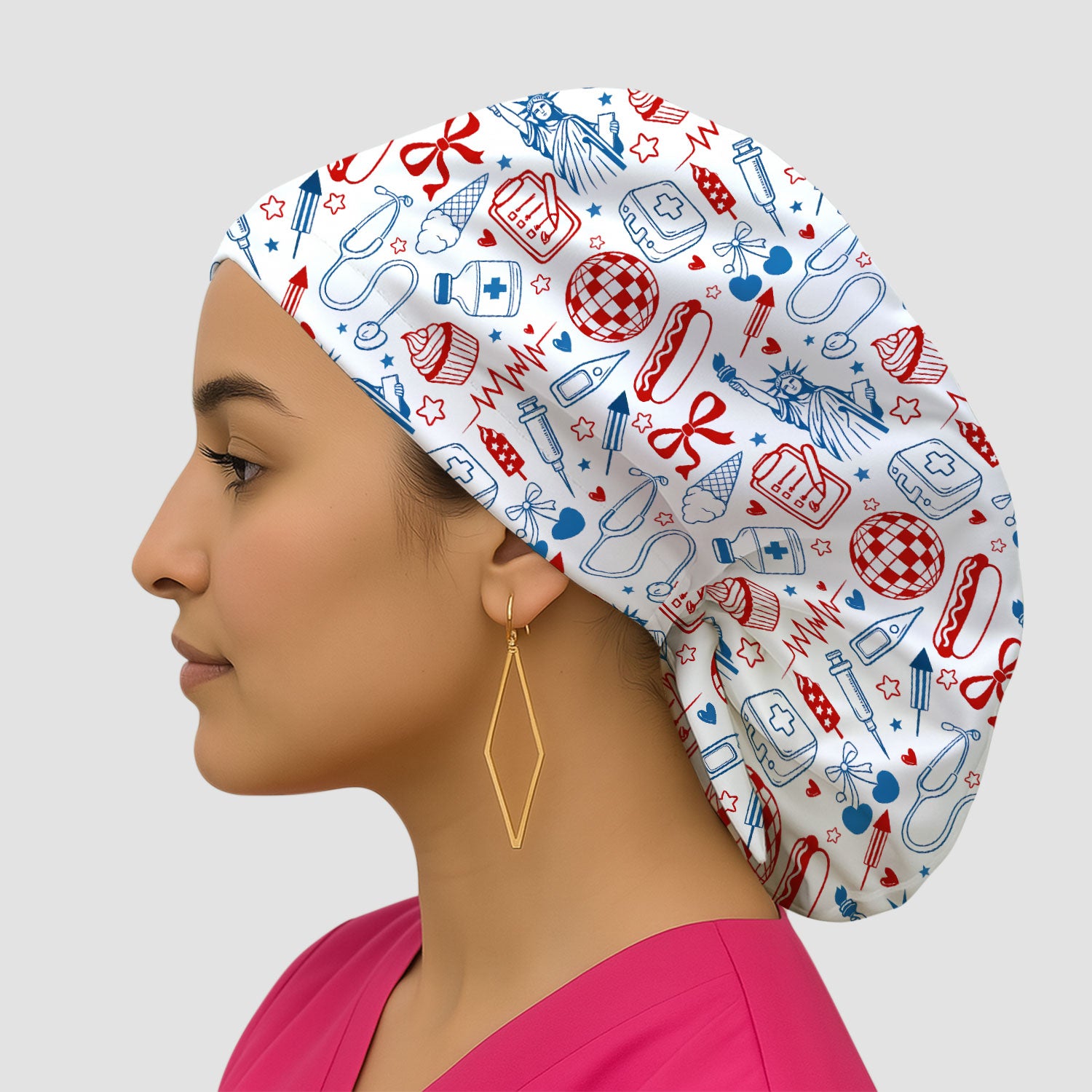 Patriotic Nurse Medical Icons Pattern Print Cap, Bouffant Scrub Caps for Women