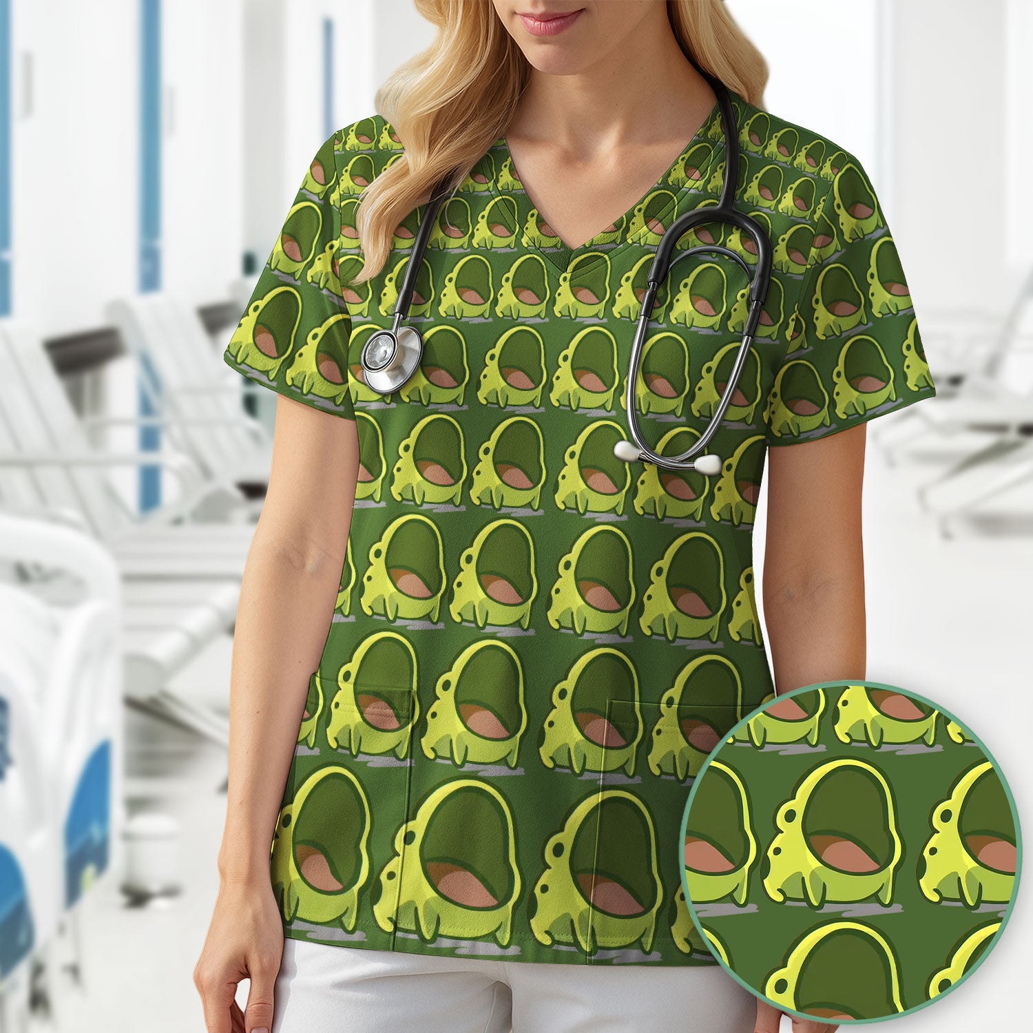 Cute Green Frog Cartoon Pattern Scrub Top, Breathable Fabrics Nursing Uniform