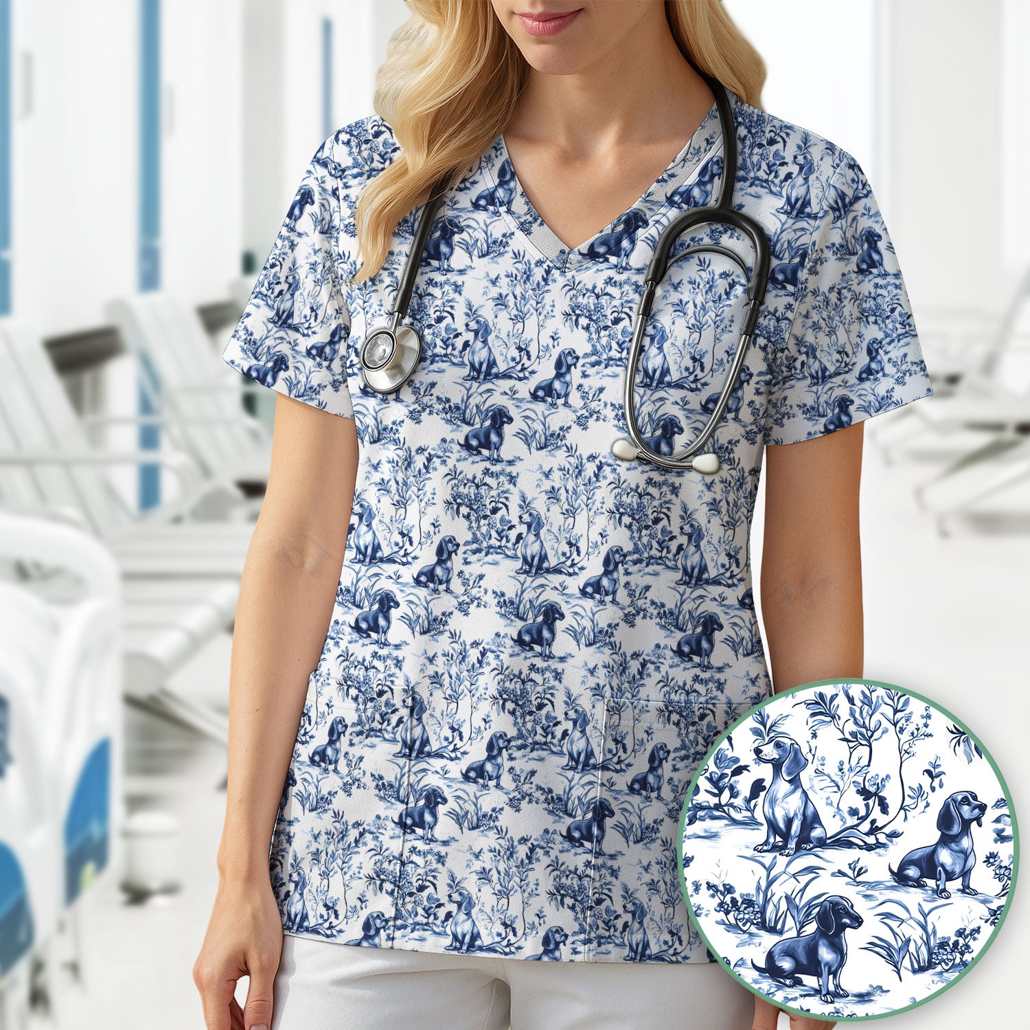 Toile de Jouy Dog Scrub Top – Elegant Blue Dachshund Pattern – Cute Medical Uniform for Nurses, Vets, and Animal Care Workers