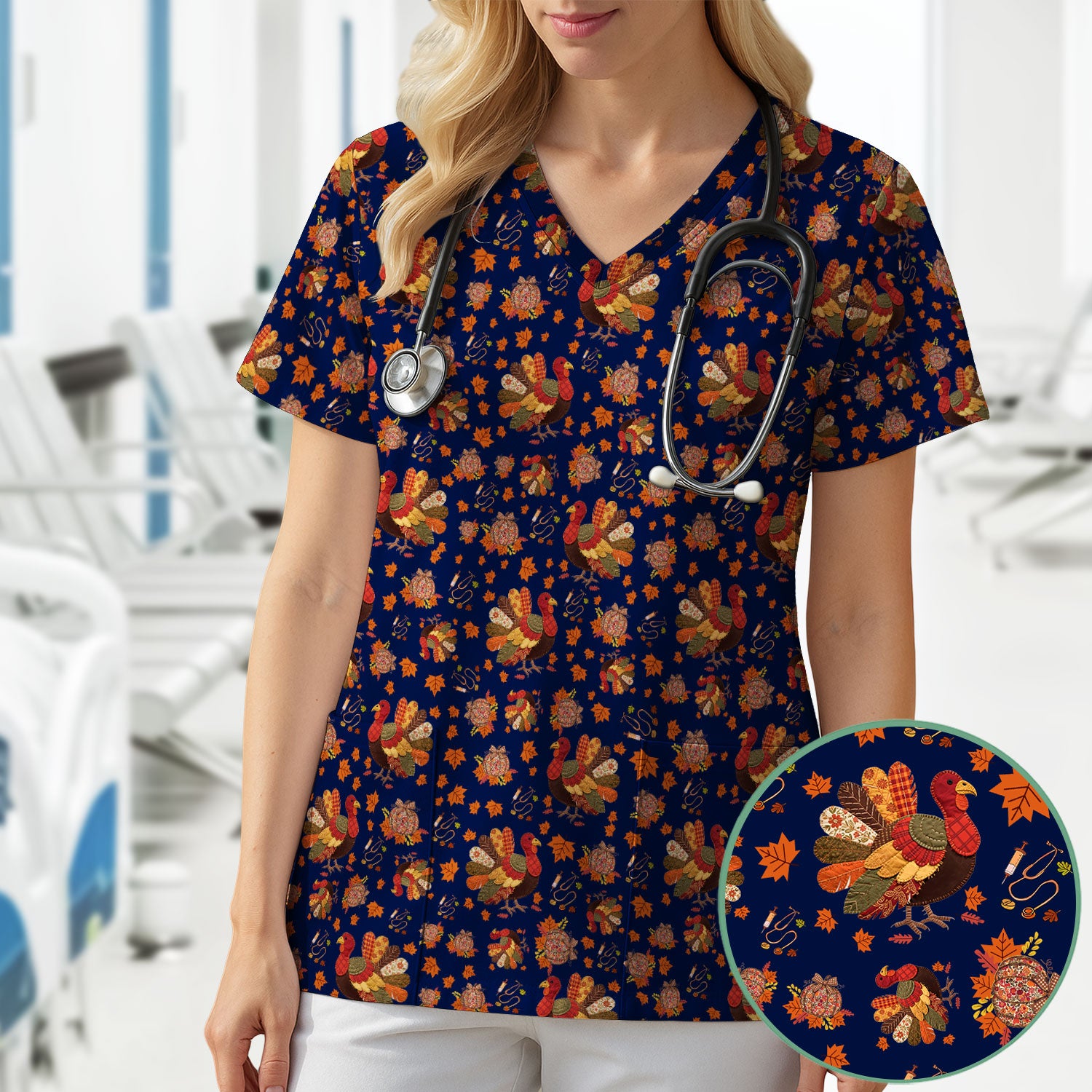 Thanksgiving Turkey Nurse Scrub Top for Women - Fall Leaves Pattern Shirts - Autumn Nursing Uniform Gift for RN LPN CNA