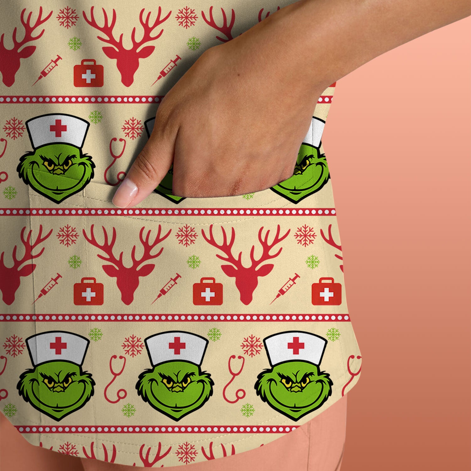 Grinch Nurse Ugly Christmas Scrub Top - Funny Holiday Nursing Scrubs Shirt - Cute Medical Workwear for Women with Festive Pattern