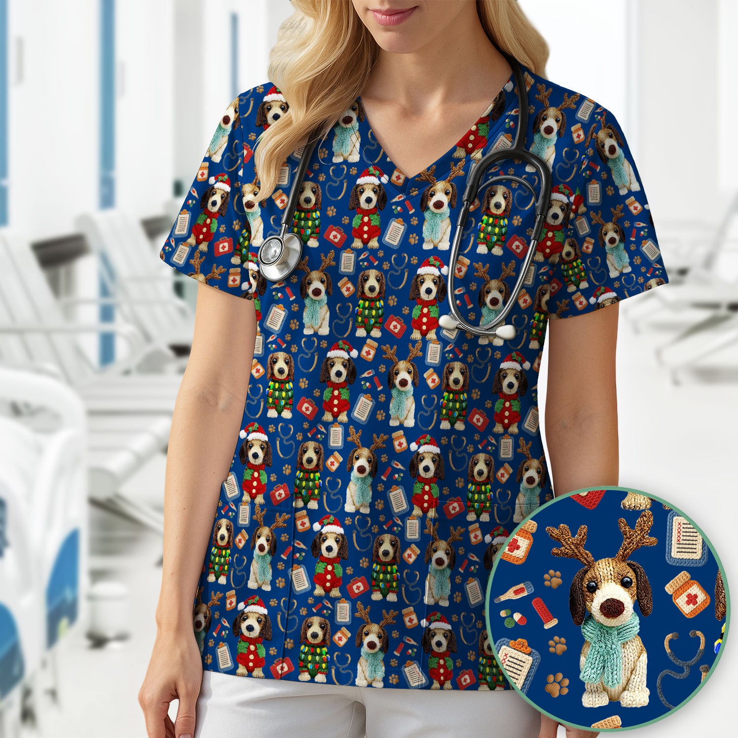 Christmas Doxie Scrubs for Women - Cute Dachshund Christmas Scrub Top for Nurses - Funny Medical Uniform Gift