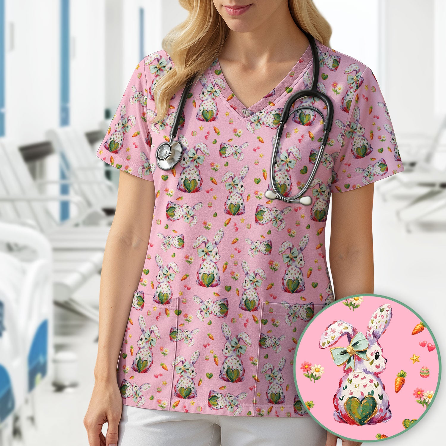 Cute Pastel Bunny Easter Pattern Scrub Top, Comfortable Scrubs for Nurses