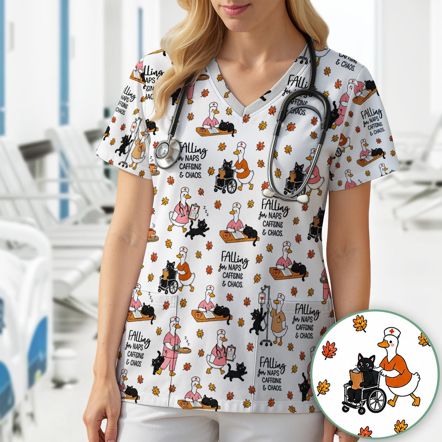 Funny Fall Nurse Goose And Black Cat Scrub Top, Comfortable Scrubs for Nurses