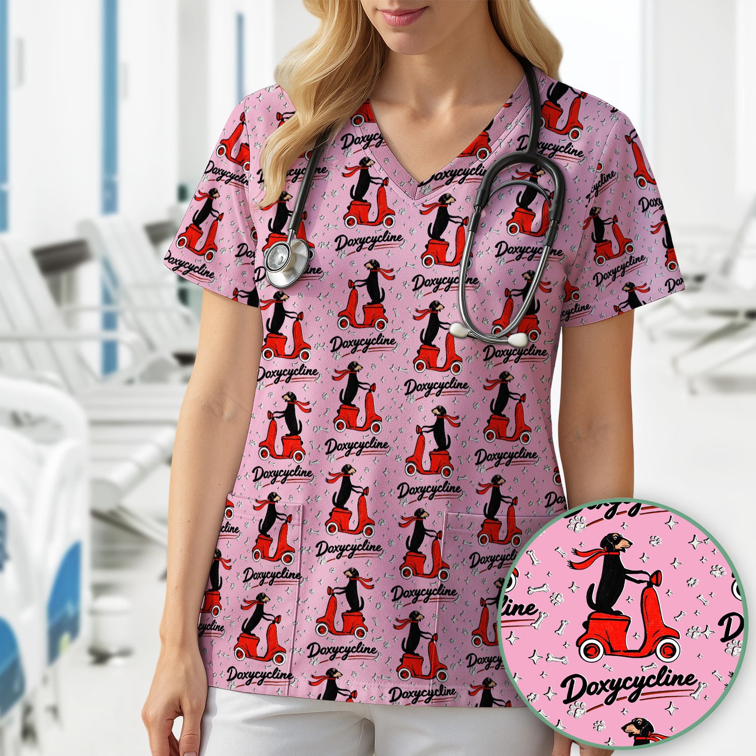 Funny Dachshund Riding Scooter Doxycycline Print Scrub Top ,Comfortable Scrubs for Nurses