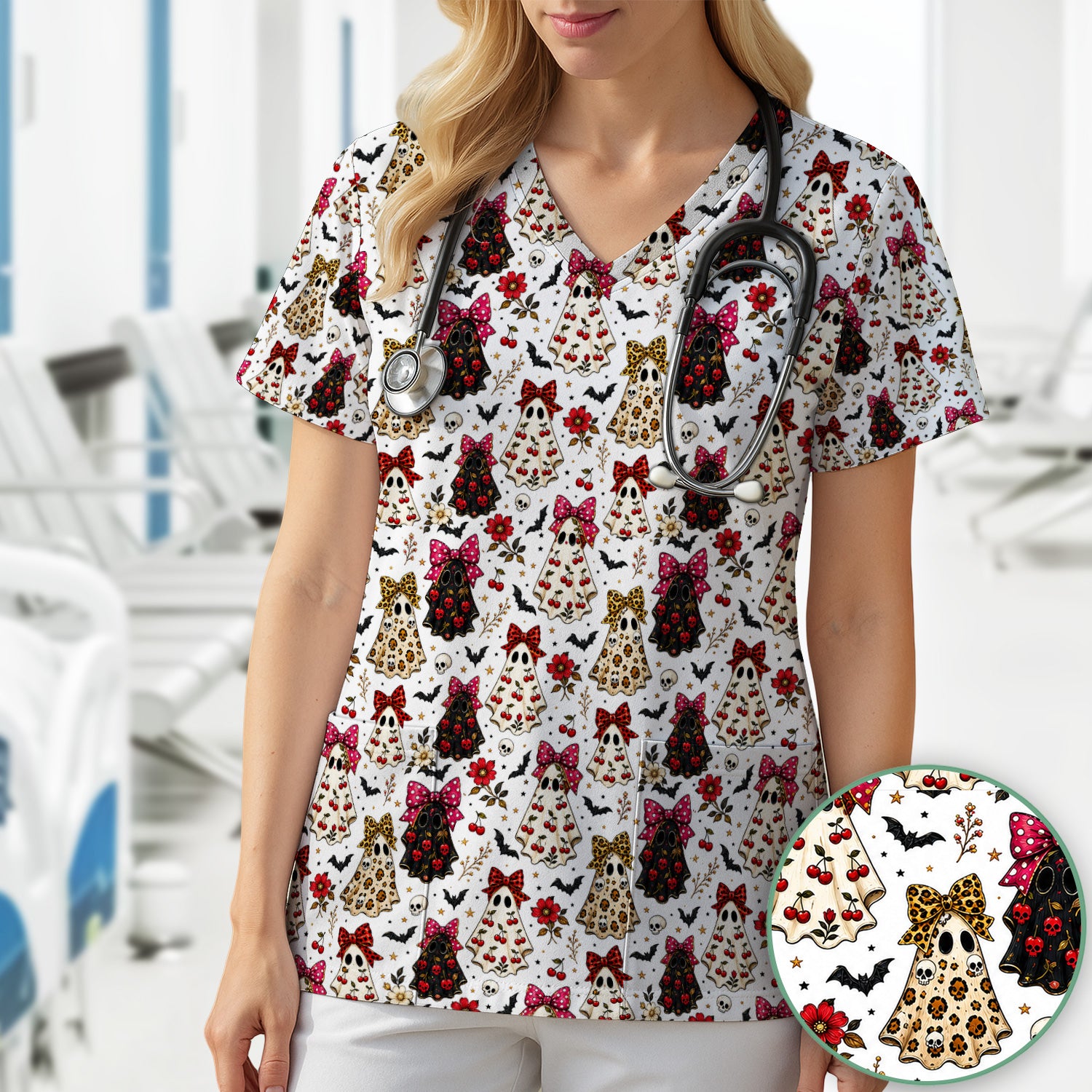 Spooky Halloween Ghost Pattern Scrub Top, Comfortable Scrubs for Nurses