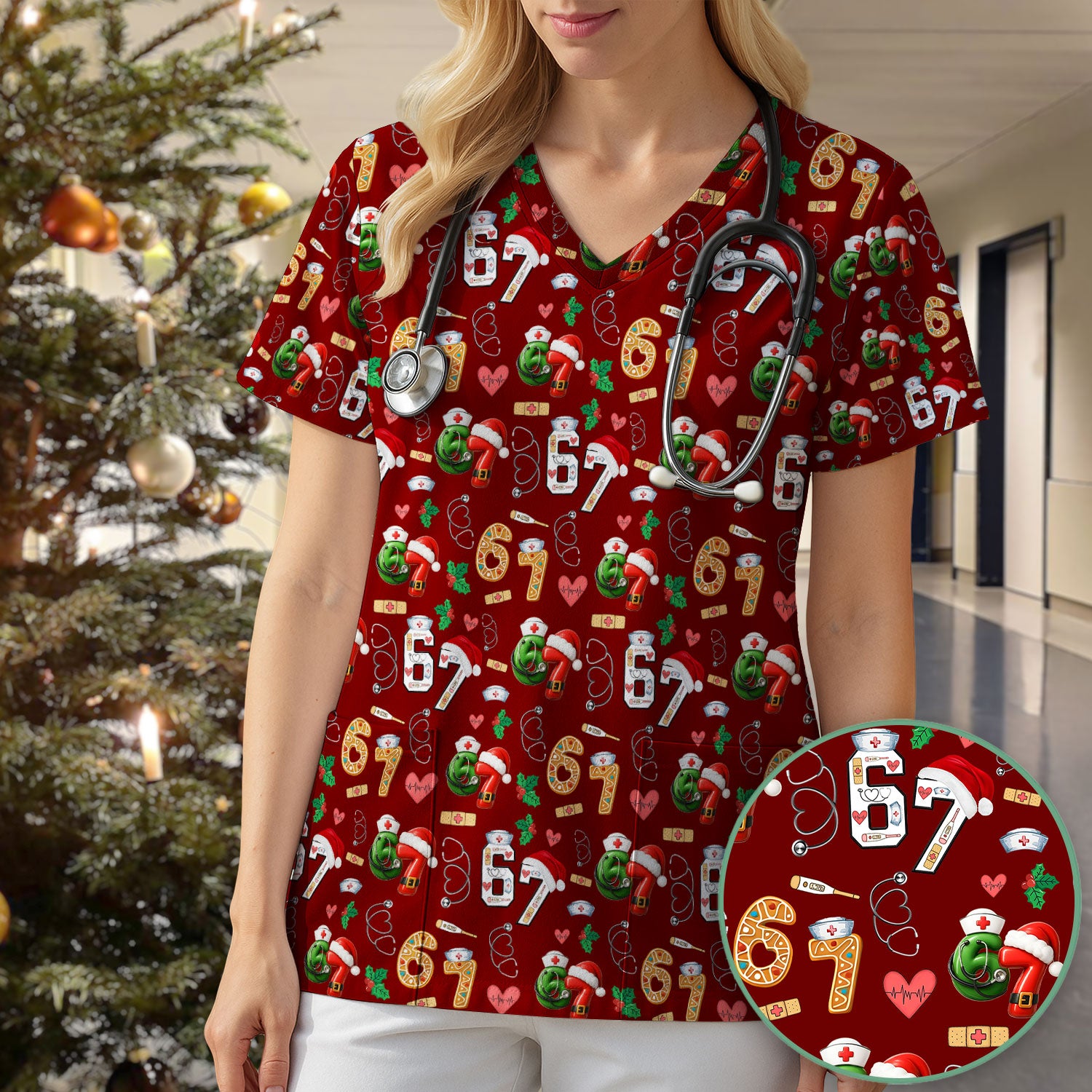 Christmas Nurse 67 Pattern Scrub Top, Cute Holiday Medical Shirt With Santa Hat, Uniform For Nursing