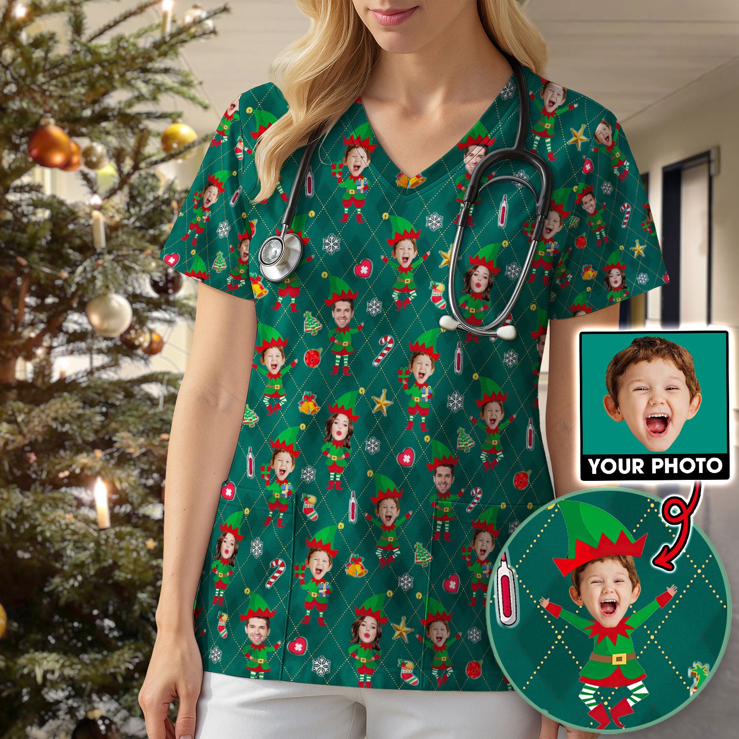 Personalized Face Nurse Shirt, Custom Photo Christmas Scrub Top, Funny Holiday Medical Uniform For Nursing