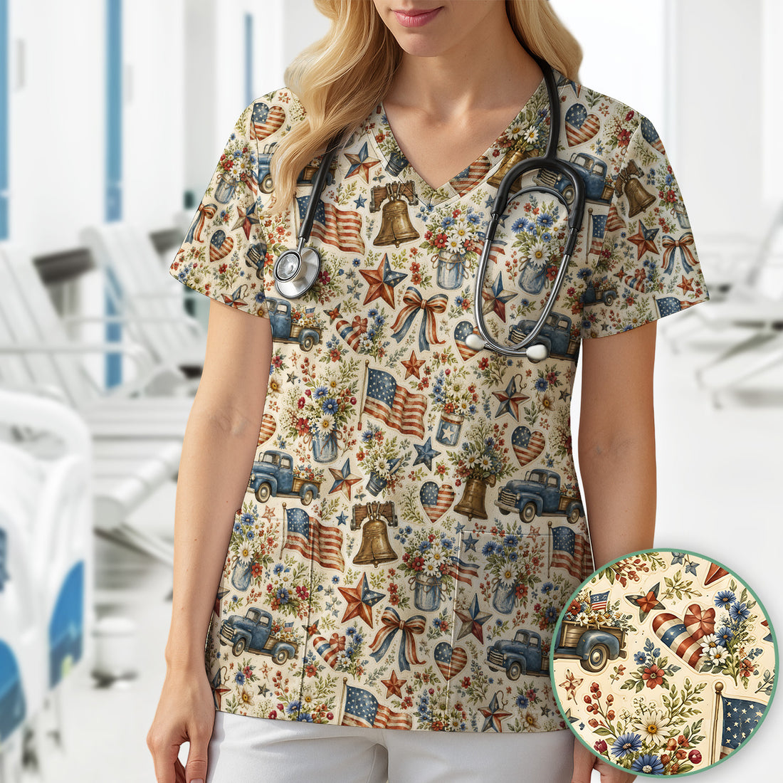 Vintage Patriotic Americana Nurse for RN & CNA, Floral Flag Healthcare Workers Uniform Scrub Top, Comfortable Scrubs for Nurses