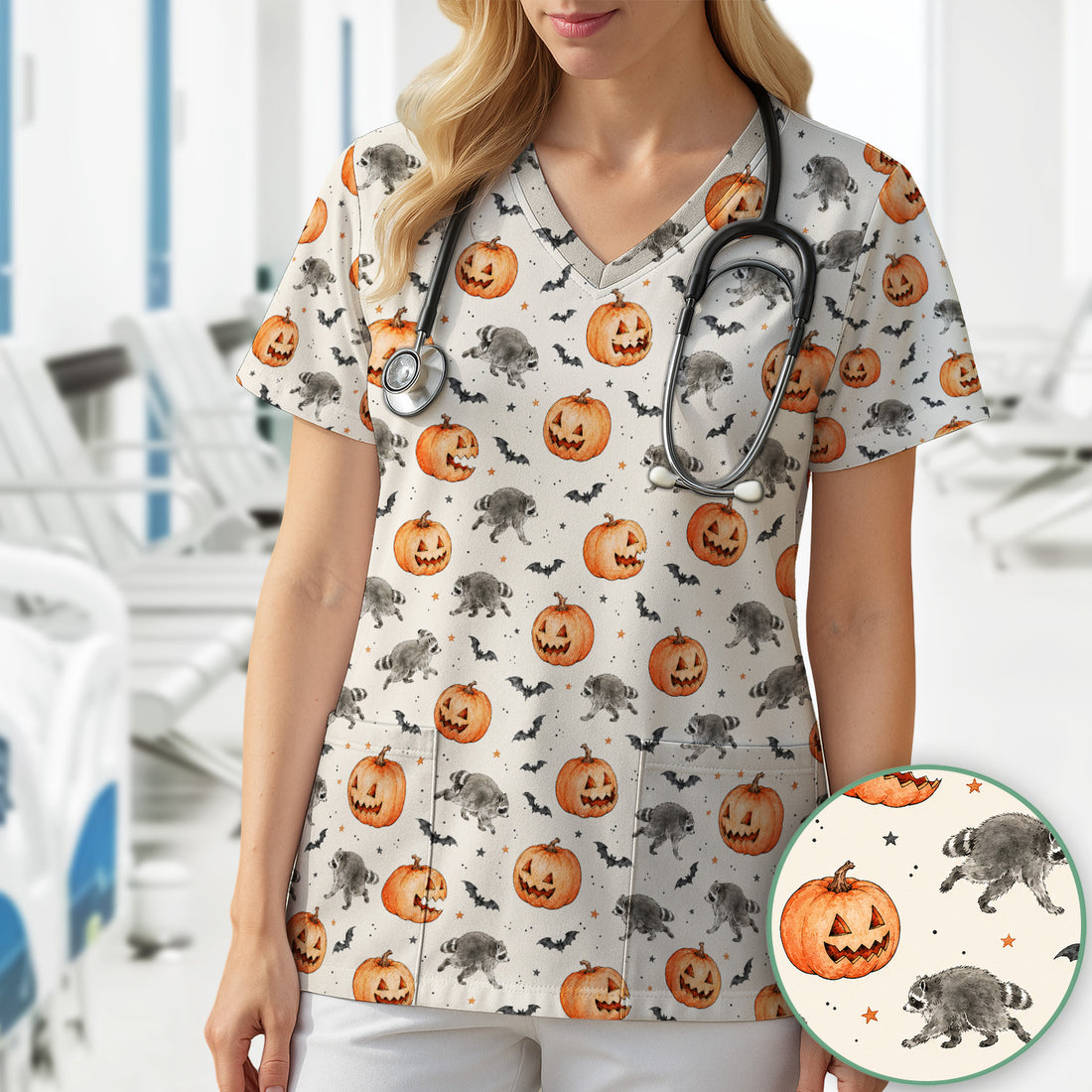 Spooky Halloween Raccoon And Pumpkin Scrub Top, Comfortable Scrubs for Nurses