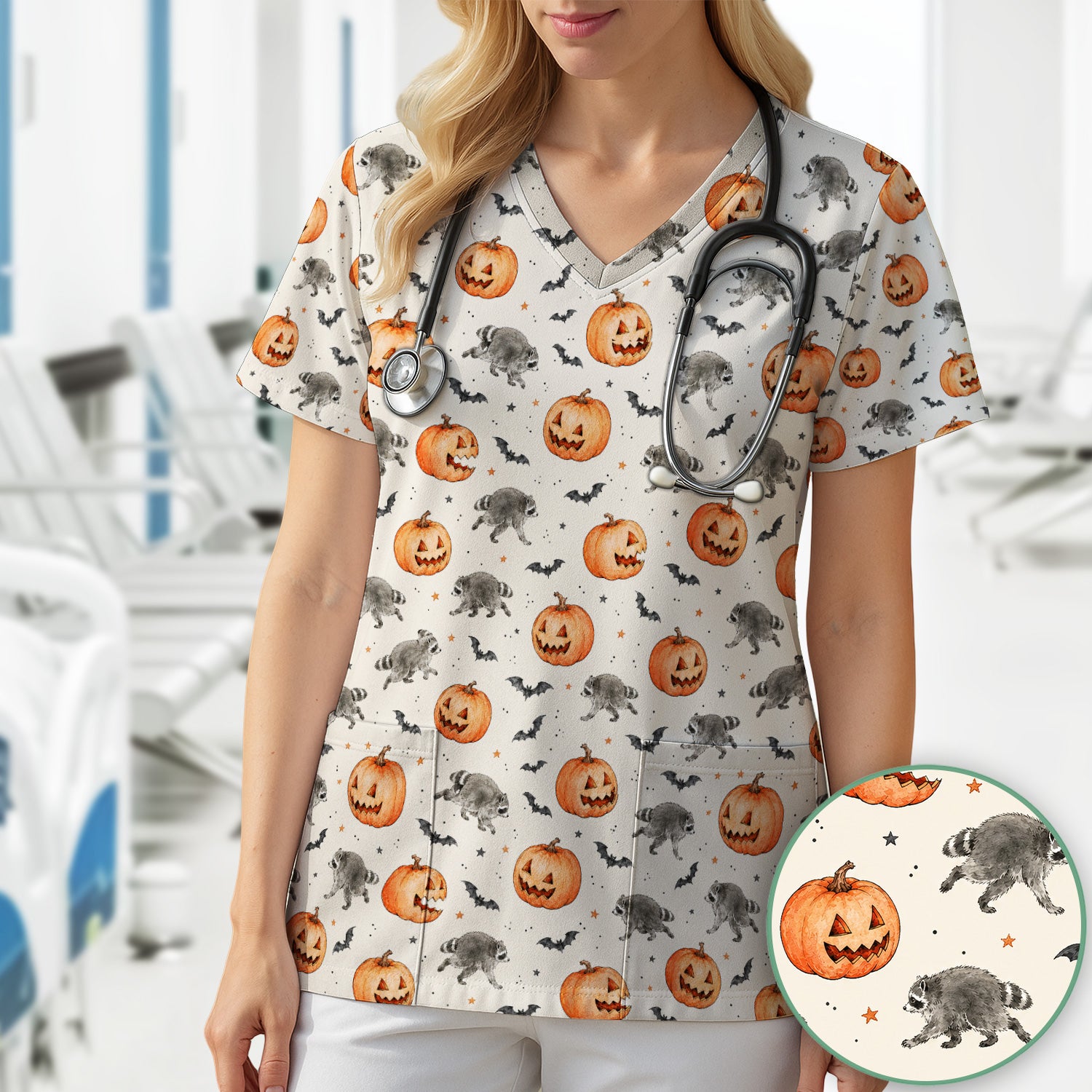 Spooky Halloween Raccoon And Pumpkin Scrub Top, Comfortable Scrubs for Nurses