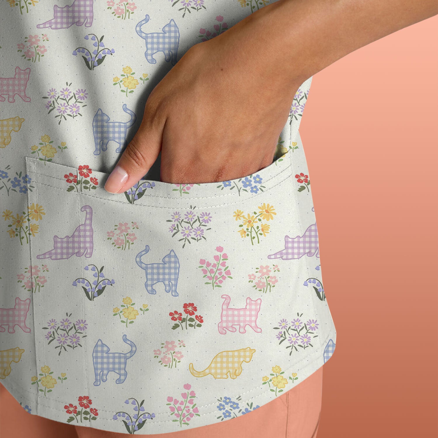 Pastel Cat Floral Nurse Scrub Top, Cute Cat Medical Pattern Shirt, Breathable Fabrics Nursing Uniform