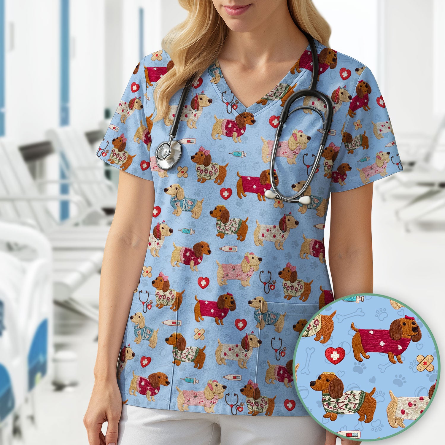 Cute Medical Wiener Dog Pattern Nurse Shirt, Dachshund Nursing Scrub Top, Breathable Fabrics Nursing Uniform