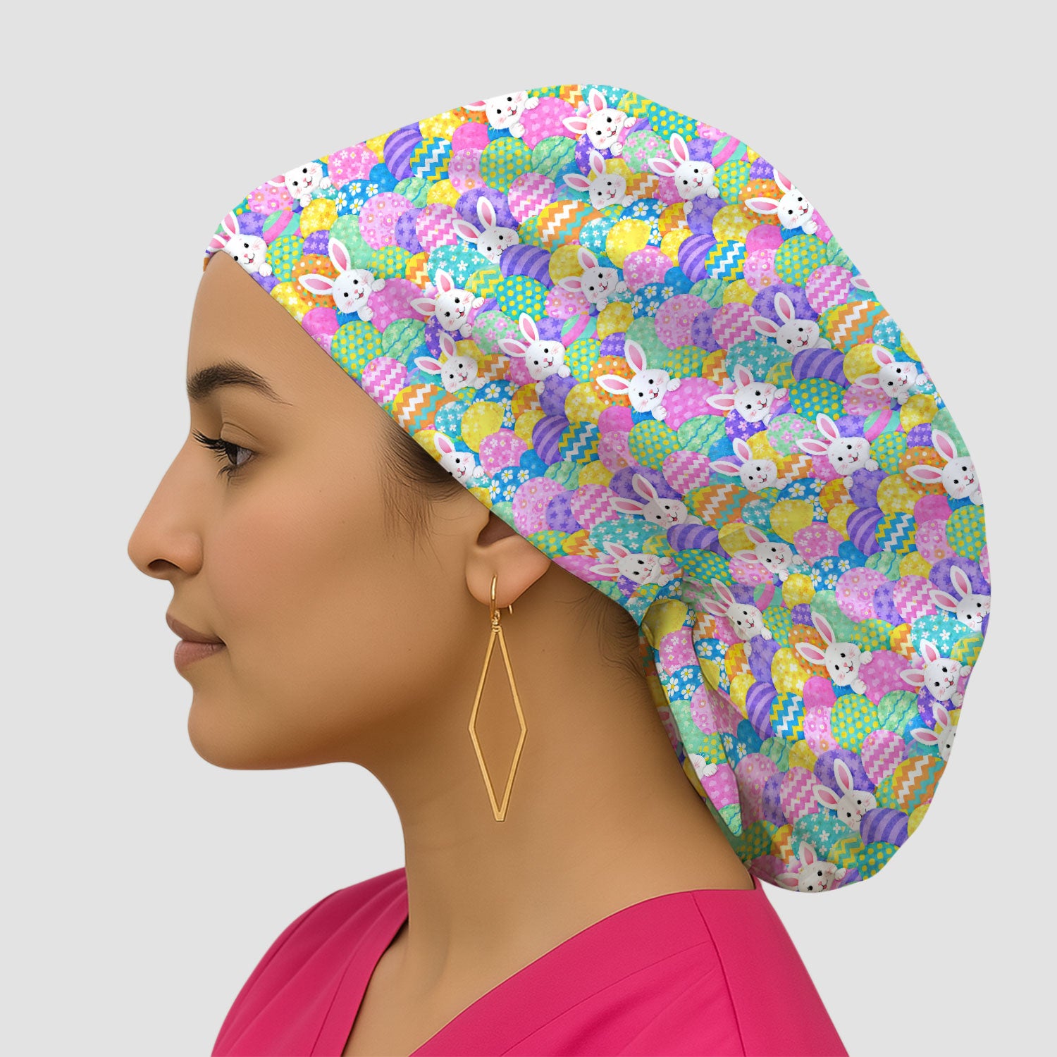 Easter Bunny Colorful Egg Pattern Print Cap, Bouffant Scrub Caps for Women