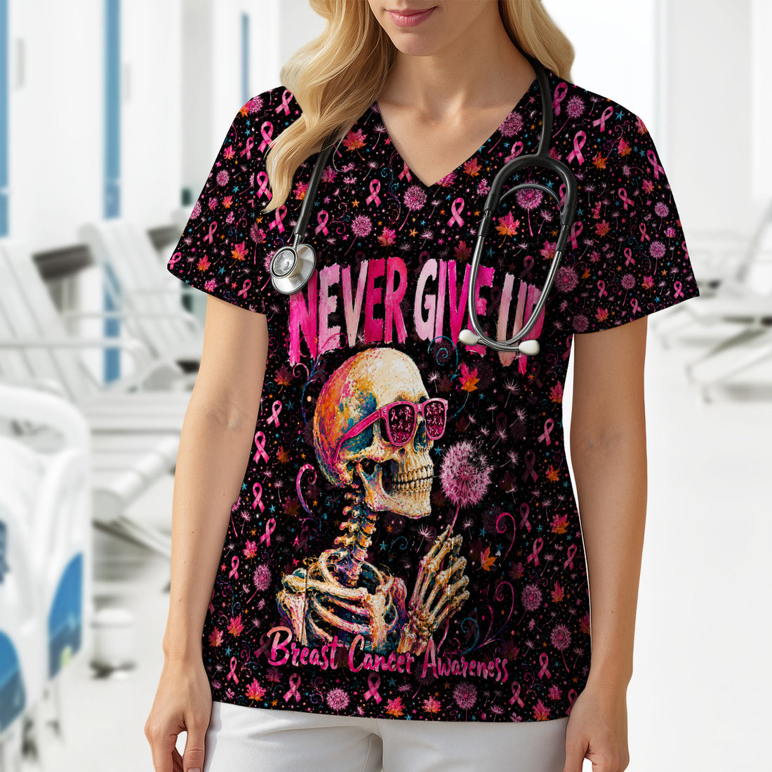 Meaningful Breast Cancer Awareness Skeleton Scrub Top, Comfortable Scrubs for Nurses