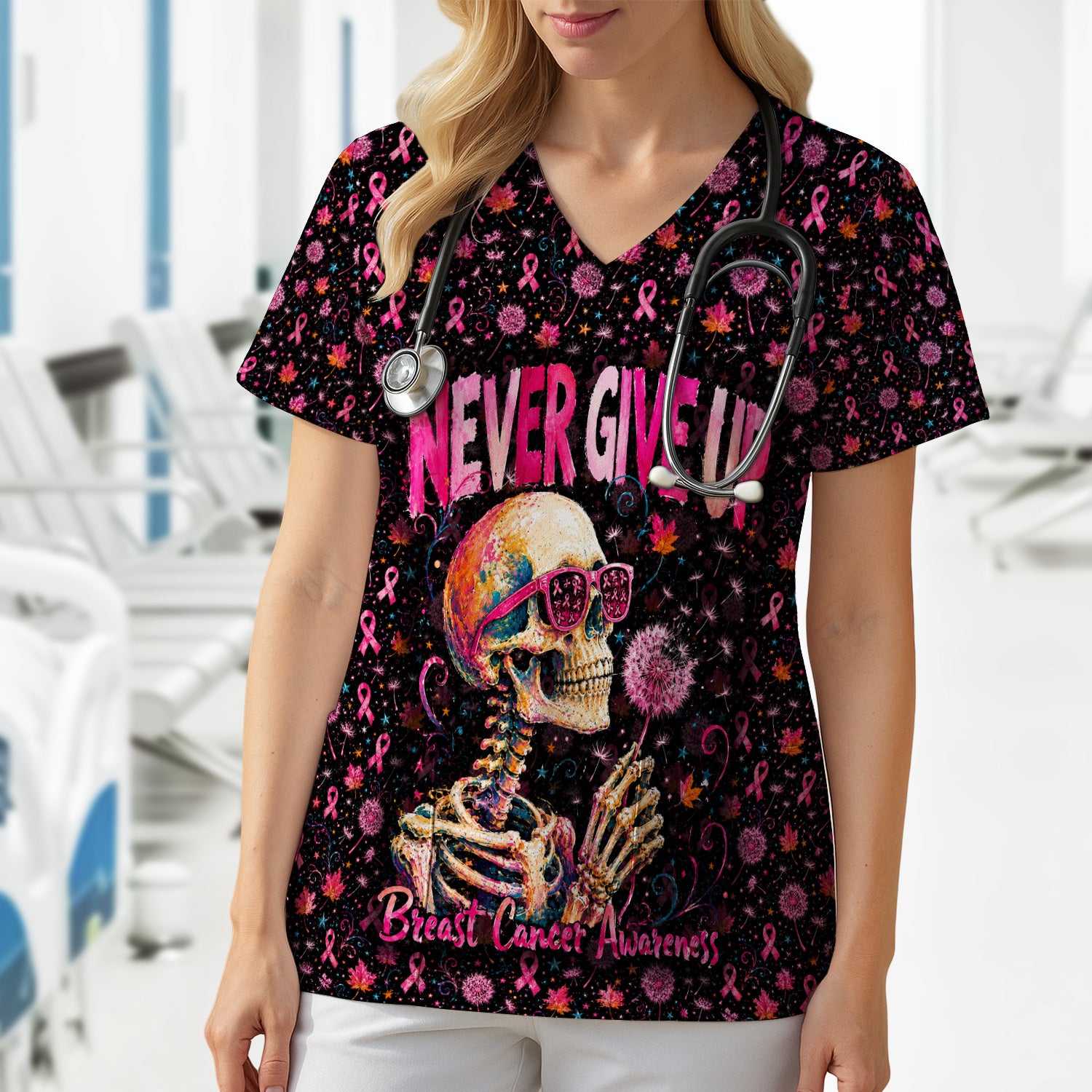 Meaningful Breast Cancer Awareness Skeleton Scrub Top, Comfortable Scrubs for Nurses