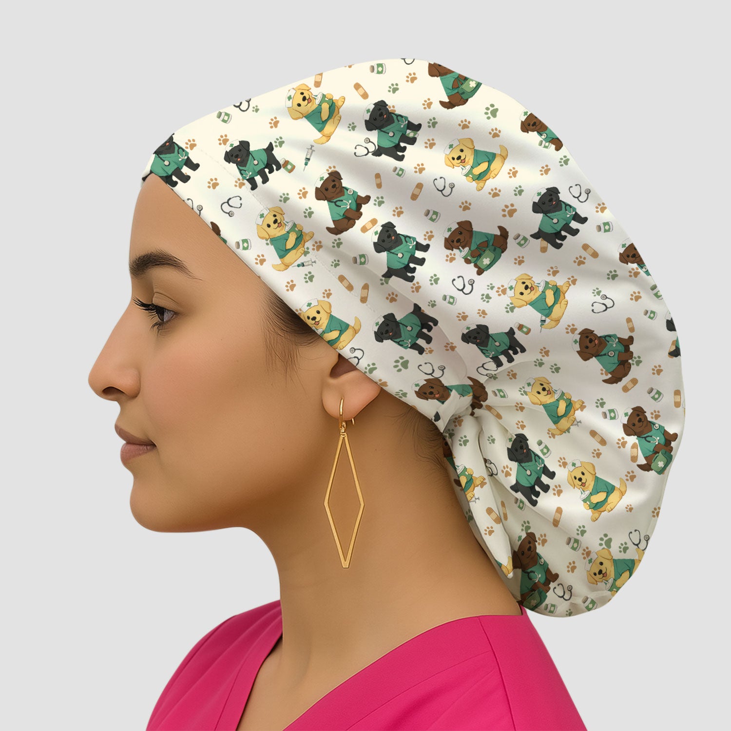 Labrador Retriever Nurse Scrub Cap, Cute Medical Dog Pattern Nurses Hat, Breathable Fabrics Nursing Uniform