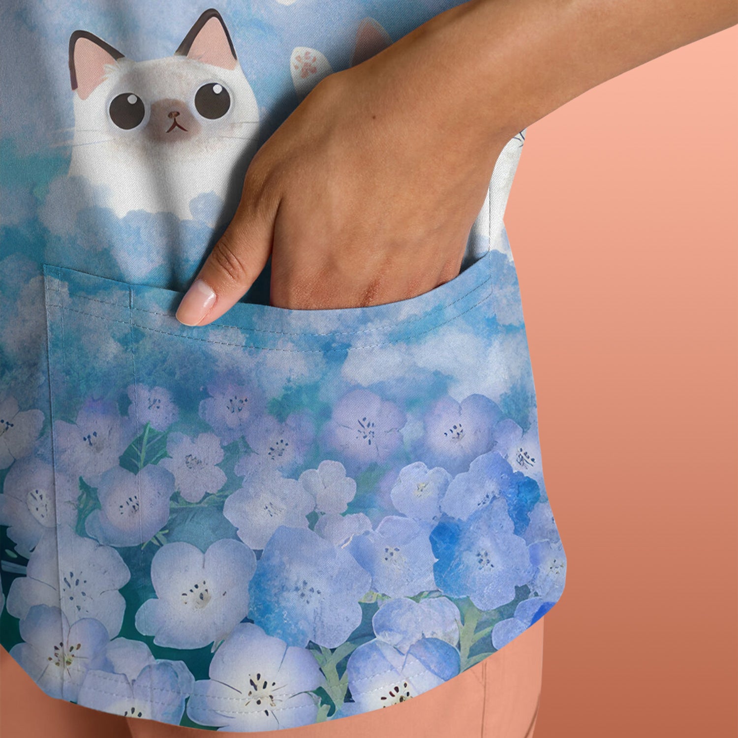 Dreamy Cat Cloud Hydrangea Sky Pattern Scrub Top, Comfortable Scrubs for Nurses