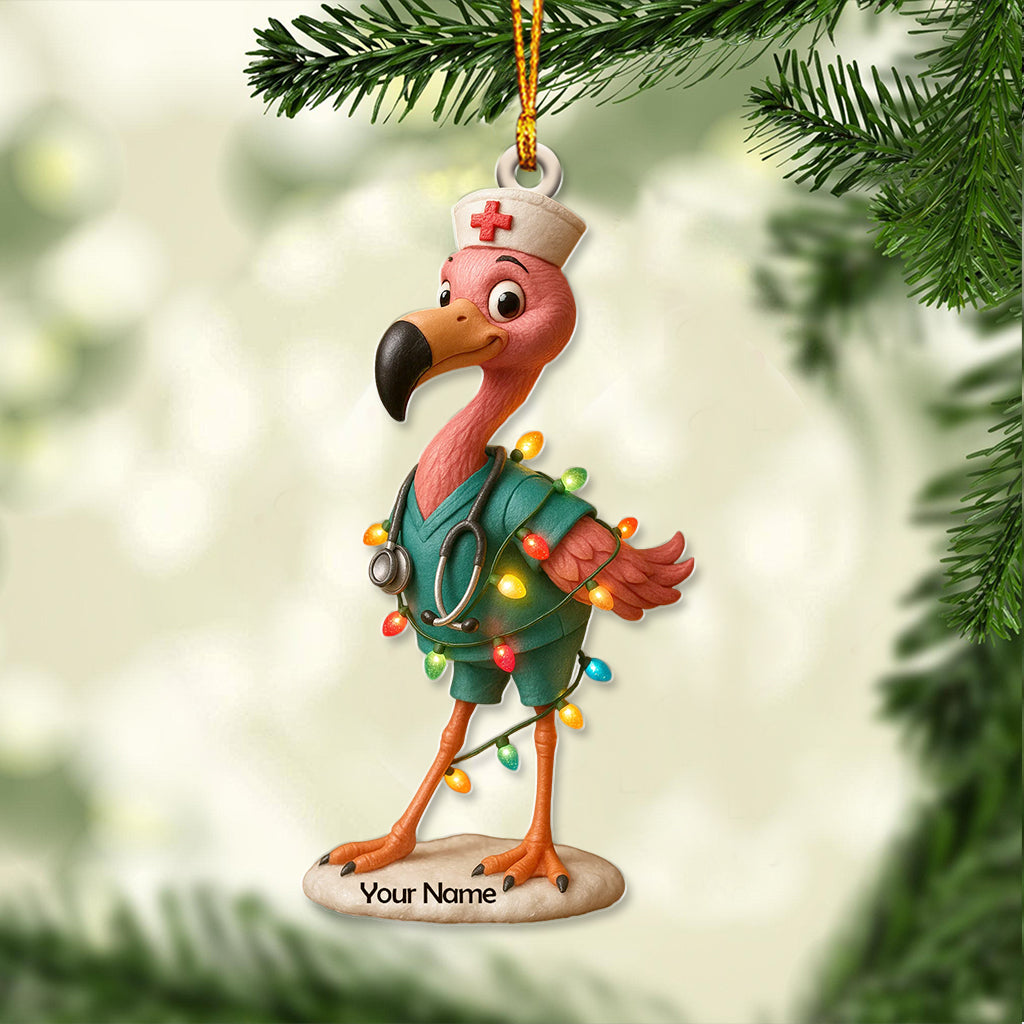 Personalized Nurse Flamingo Ornament, Custom Name Nurse Christmas Decor, Funny Healthcare Worker Holiday Gift, Nursing Xmas Tree Ornament