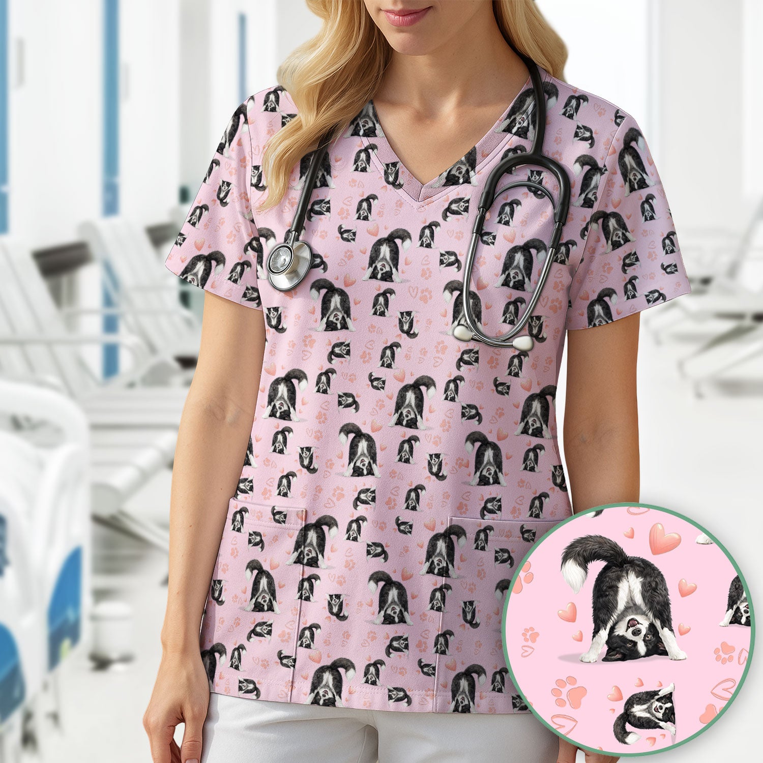 Cute Puppy Heart Medical Pattern Scrub Top, Comfortable Scrubs for Nurses