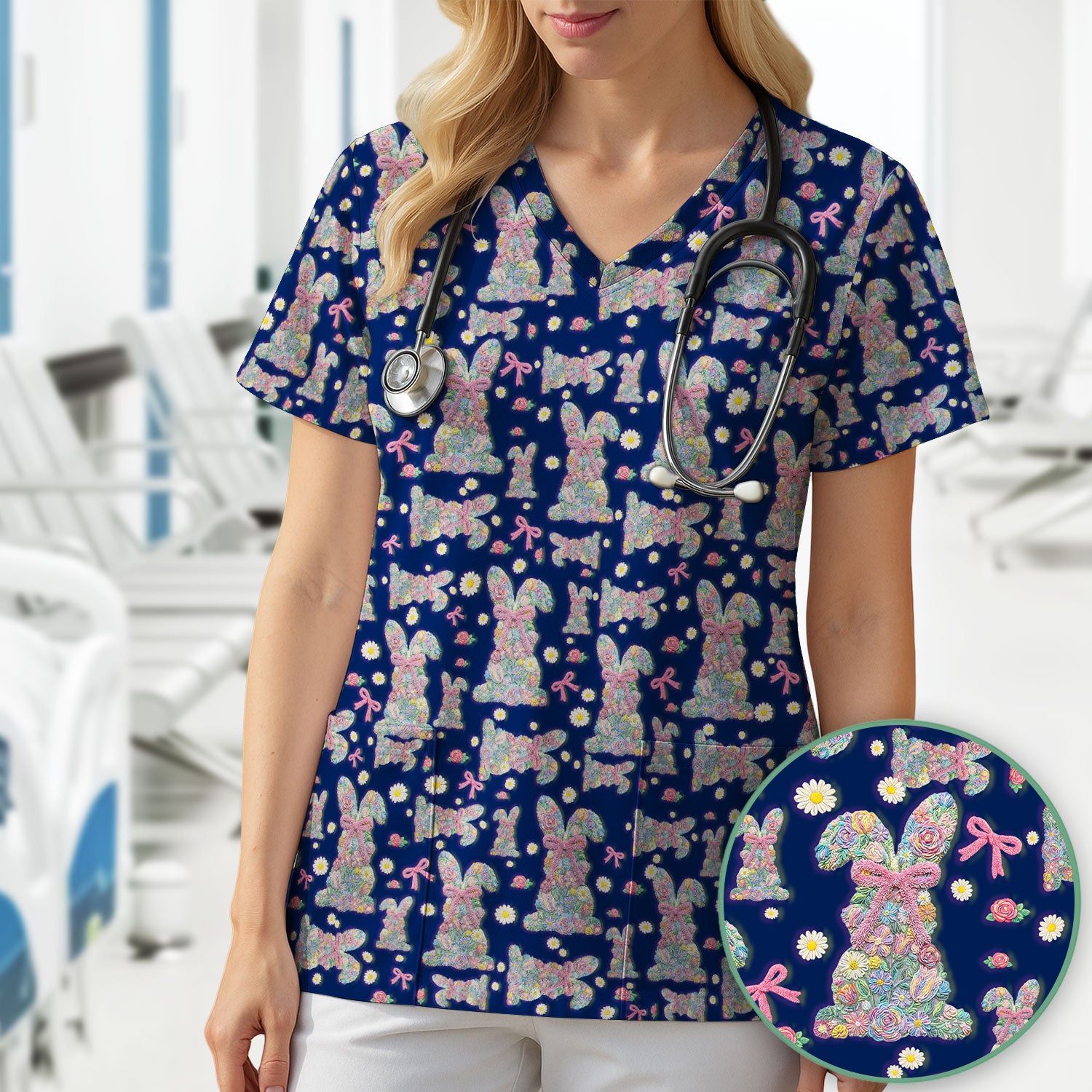 Colorful Floral Bunny with Pink Bow Pattern Scrub Top, Breathable Fabrics Nursing Uniform, Easter