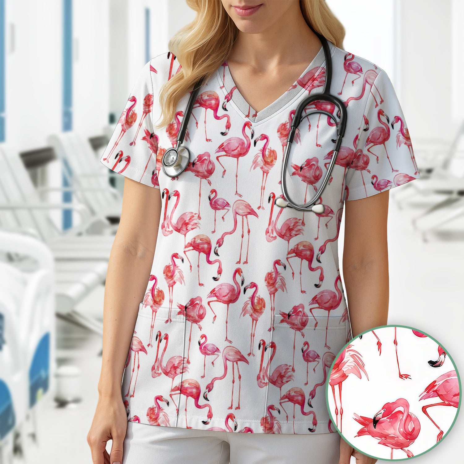 Pink Flamingo Tropical Bird Pattern Nurse Scrub Top, Comfortable Scrubs for Nurses