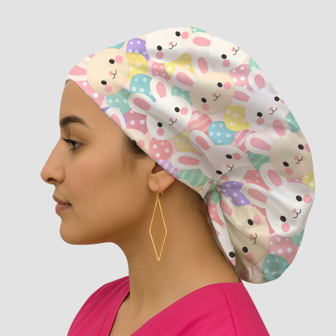 Pastel Bunny Faces Easter Eggs Pattern Caps, Bouffant Scrub Caps for Women