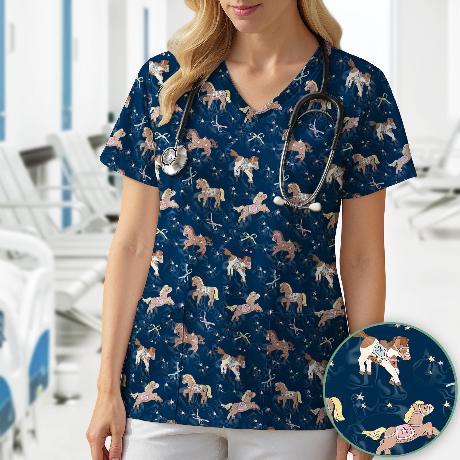 Cute Pony Star Pattern Scrub Top, Comfortable Scrubs for Nurses