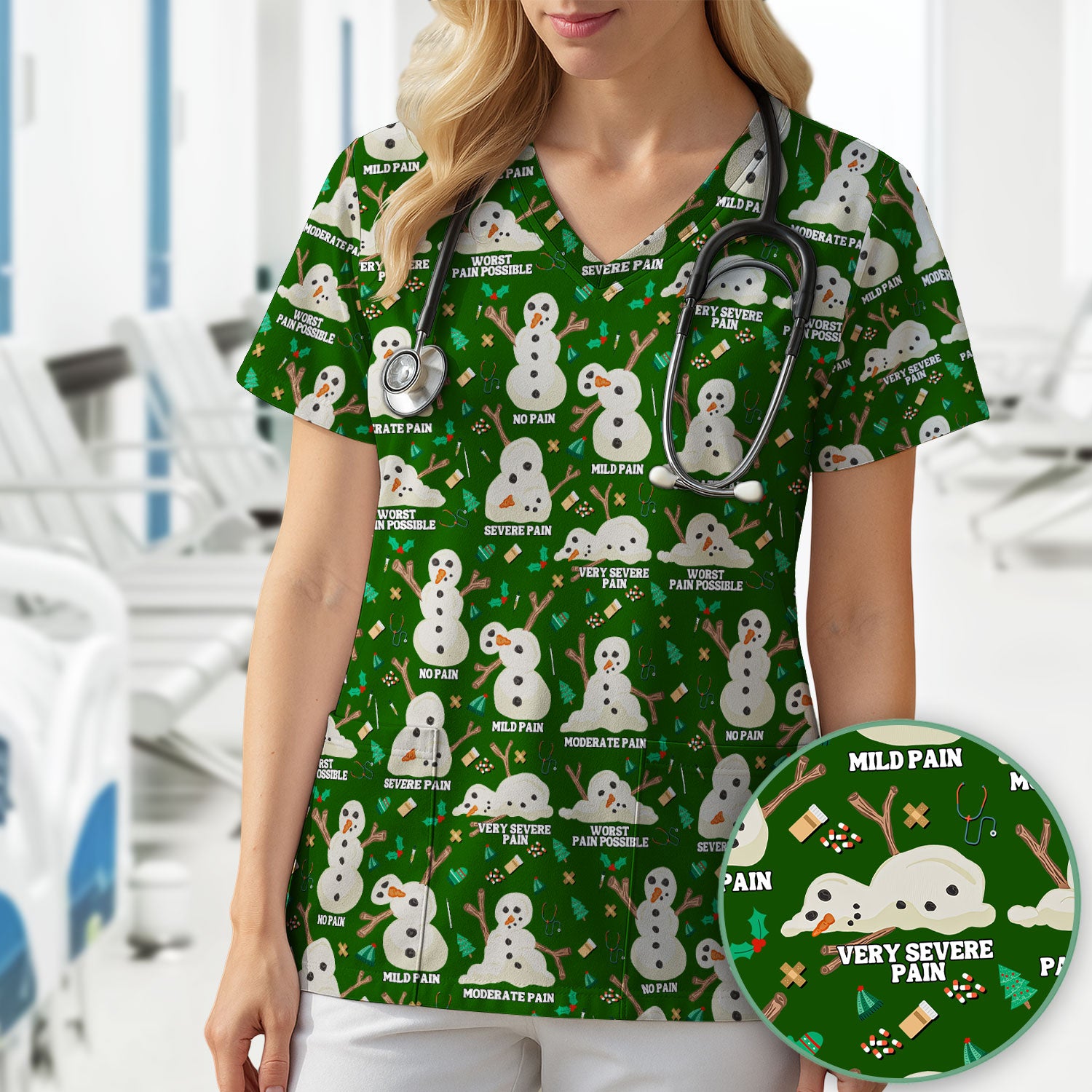 Funny Snowman Pain Scale Scrub Top for Nurse - Christmas Medical Shirt for Women RN LPN CNA - Cute Winter Nursing Uniform