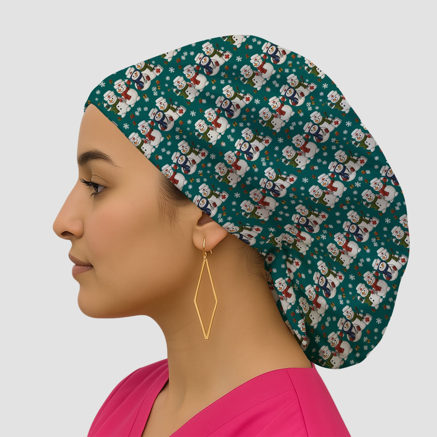 Cute Christmas Snowman Nurse Pattern Print Cap, Bouffant Scrub Caps for Women