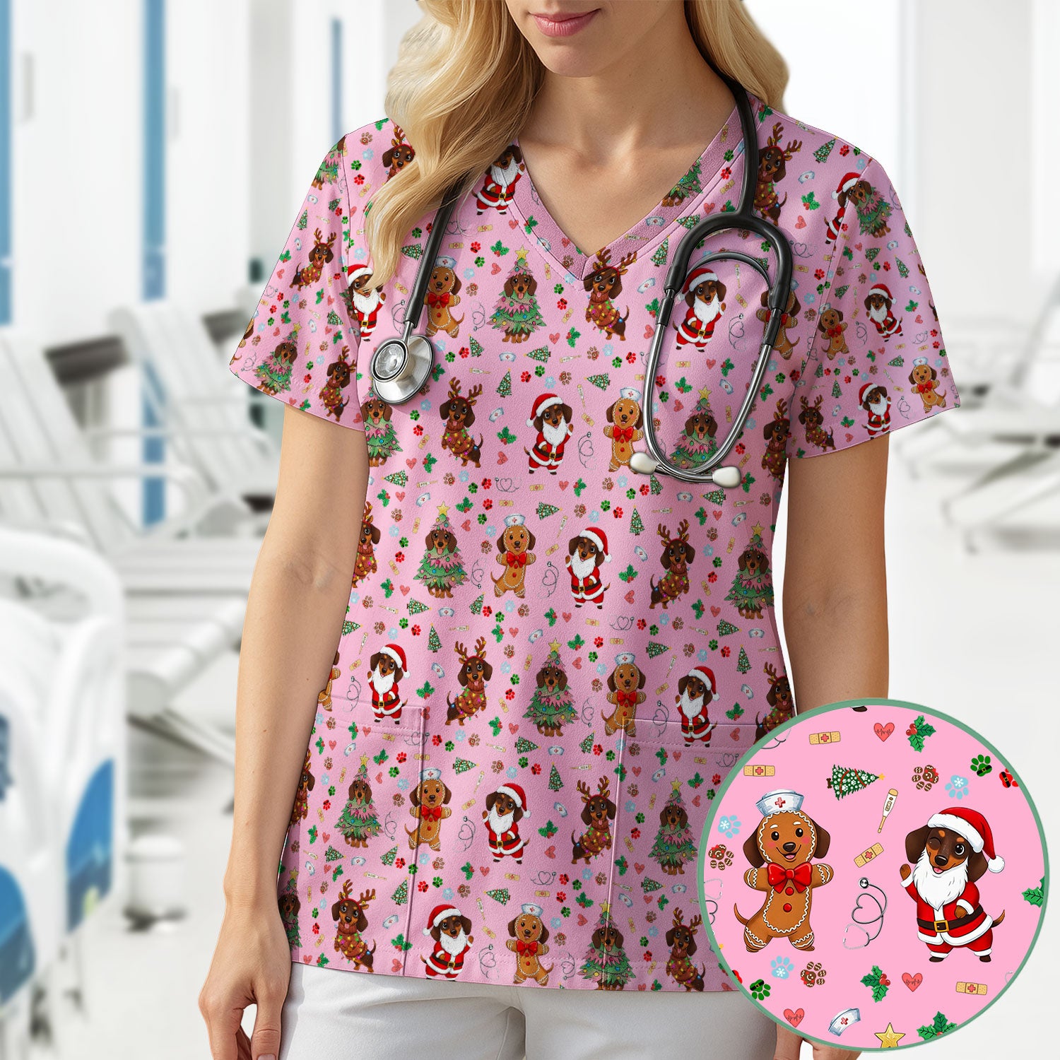 Wiener Dog Christmas Scrub Top – Funny Dachshund Pattern Medical Shirt – Festive Holiday Uniform for RN, LPN, CNA, and Vet Techs